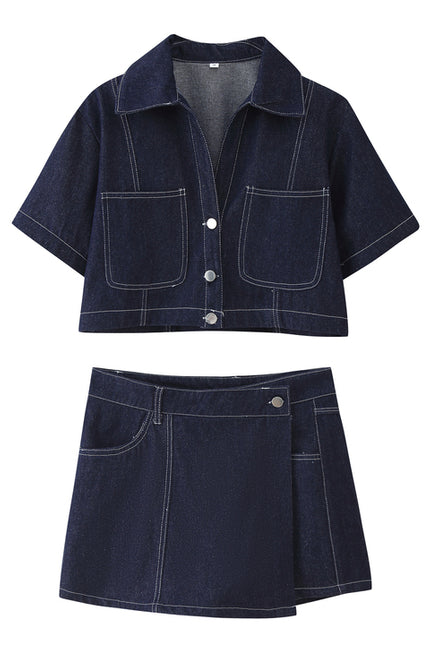 Turn Down Collar Single Breasted Short Sleeve Denim Blue Color Casual Fashion Jeans Tops Blouse for Women