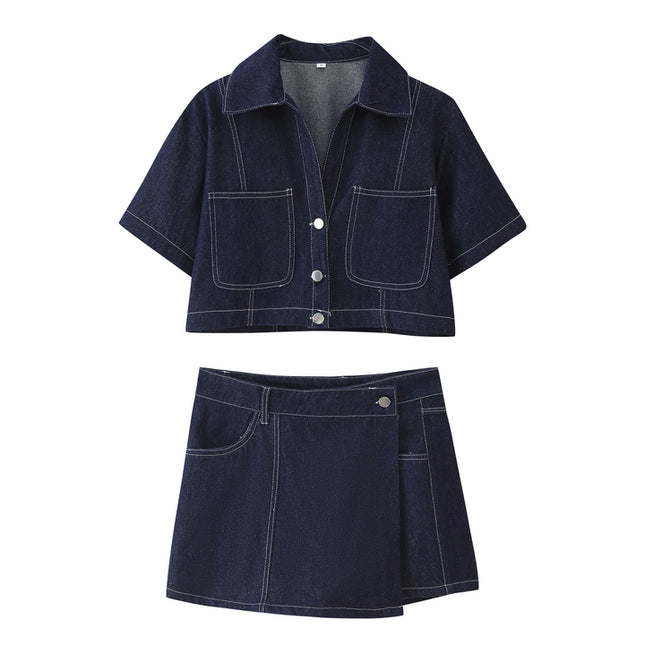 Turn Down Collar Single Breasted Short Sleeve Denim Blue Color Casual Fashion Jeans Tops Blouse for Women