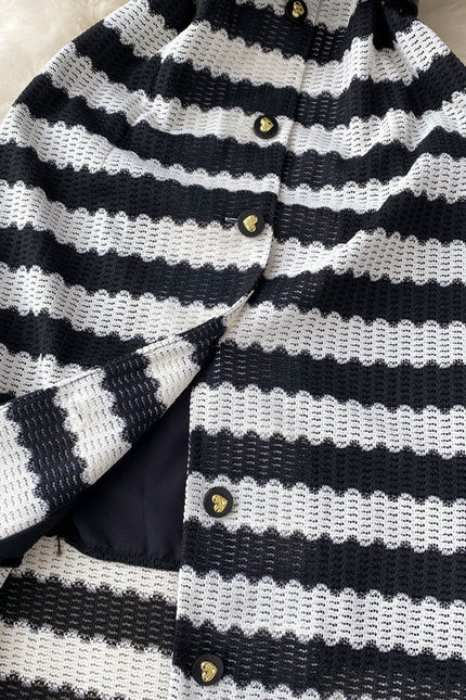 Vintage Style Striped Dress Women's Summer Hollow Single Breasted Design Sense of High Class Dress