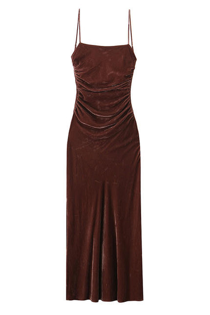 Brown Color Spaghetti Strap Front Pleated Casual Fashion Maxi slip Dress for Ladies