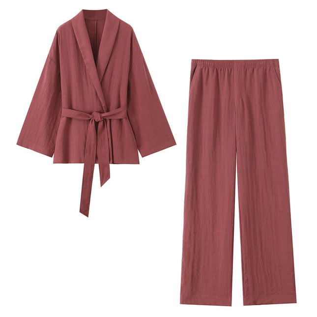 Notched Collar Red Color Long Sleeve Sashes Casual Fashion Kimono Jacket for Women