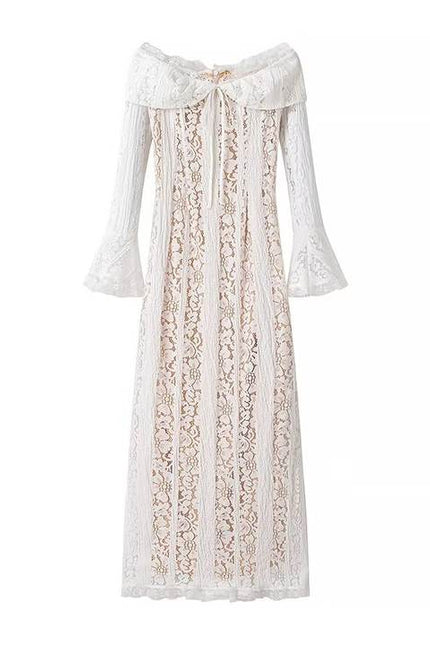 Slash Neck White Color Long Sleeve Floral Lace Casual Fashion Maxi Dress for Women