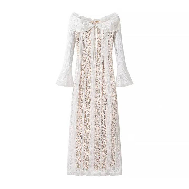 Slash Neck White Color Long Sleeve Floral Lace Casual Fashion Maxi Dress for Women