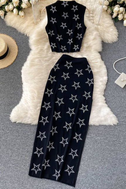Summer Crop Top Vest Sexy Slit Diamond 2 Piece Two Piece Skirt Sets Women Outfits