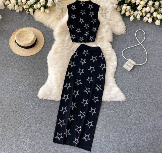 Summer Crop Top Vest Sexy Slit Diamond 2 Piece Two Piece Skirt Sets Women Outfits