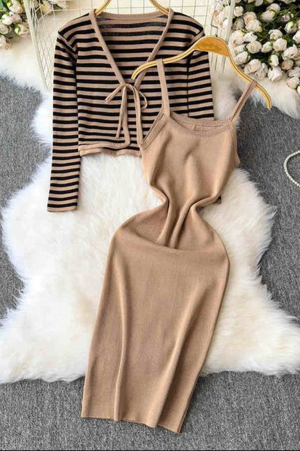 Striped Cardigan Coat Two-piece Dress for Women Vintage Charm Elegant Temperament Slimming Effect Sexy Form-fitting Maxi Dress