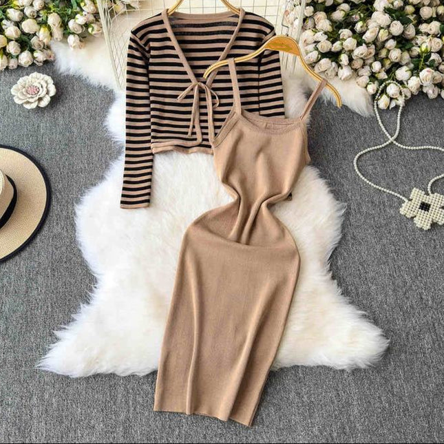 Striped Cardigan Coat Two-piece Dress for Women Vintage Charm Elegant Temperament Slimming Effect Sexy Form-fitting Maxi Dress