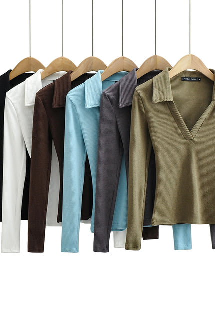 6 Colorway Solid Color Long Sleeve Turn Down Collar Casual Fashion Women Knitted t Shirt