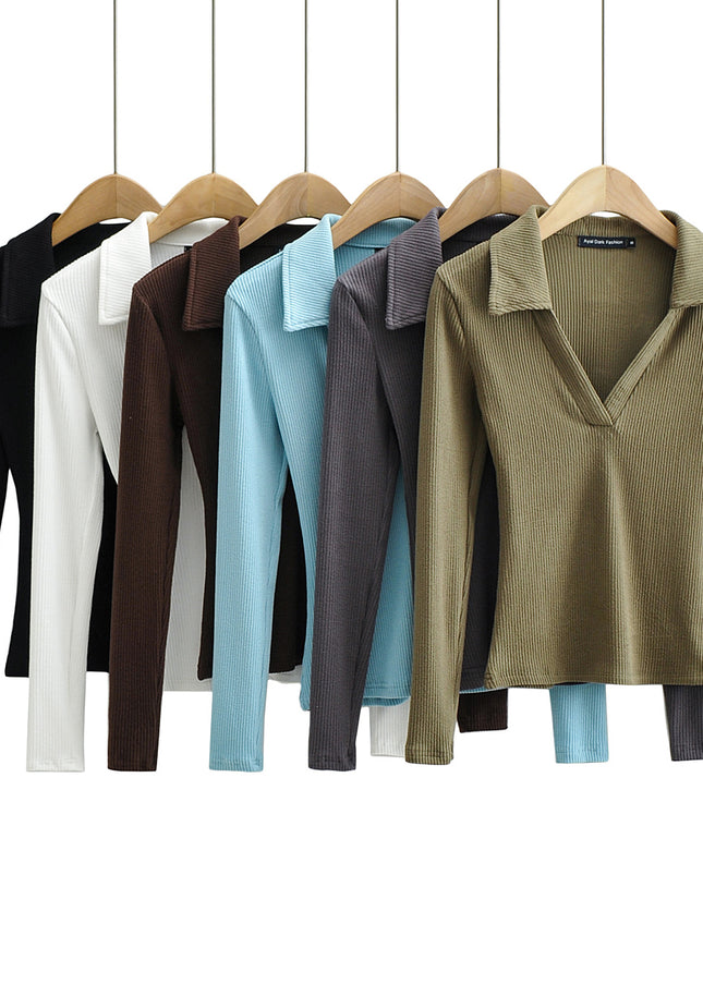 6 Colorway Solid Color Long Sleeve Turn Down Collar Casual Fashion Women Knitted t Shirt