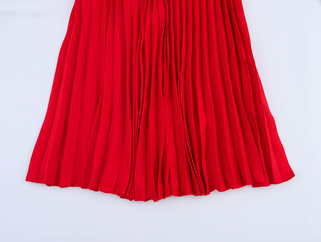 Square Collar Red Color Short Sleeve Buttons up Hot Sale Casual Fashion Pleated Long Dress for Women
