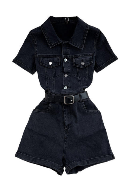 Summer Women's Polo Short Sleeve Single Breasted Denim Jumpsuit Fashion Wide Leg Shorts Jumpsuit