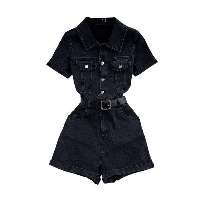 Summer Women's Polo Short Sleeve Single Breasted Denim Jumpsuit Fashion Wide Leg Shorts Jumpsuit