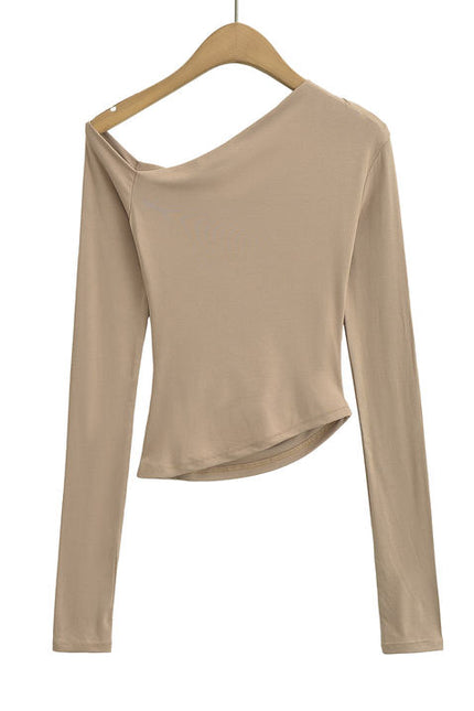 4 Colorway Asymmetrical Design Solid Color Long Sleeve Pleated Casual Fashion t Shirt for Women