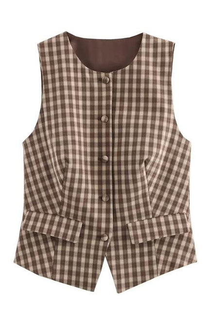 Crew Neck Plaid Print Brown Color Buttons up Casual Fashion Vest Waistcoat for Women