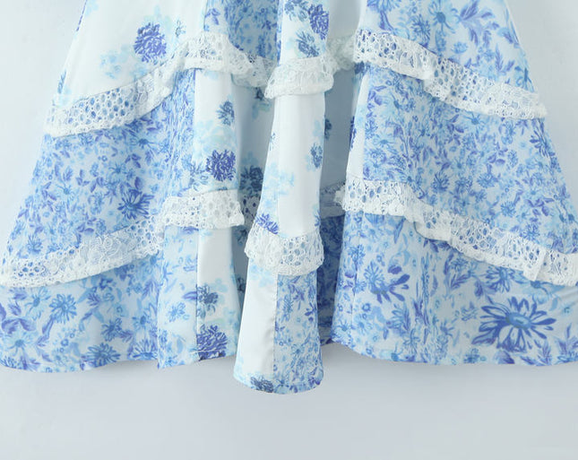 Blue White Color Floral Print v Neck Short Sleeve Casual Fashion Mini Dress for Women