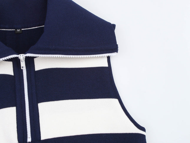 Turn Down Collar Zipper Fly Striped Pattern Navy White Color Sleeveless Casual Fashion Mini Knit Dress for Women