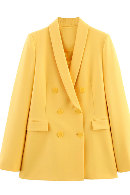 Notched Collar Double Breasted Yellow Color Long Sleeve Casual Fashion blazer Jacket for Women