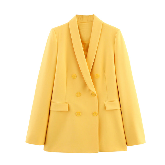Notched Collar Double Breasted Yellow Color Long Sleeve Casual Fashion blazer Jacket for Women