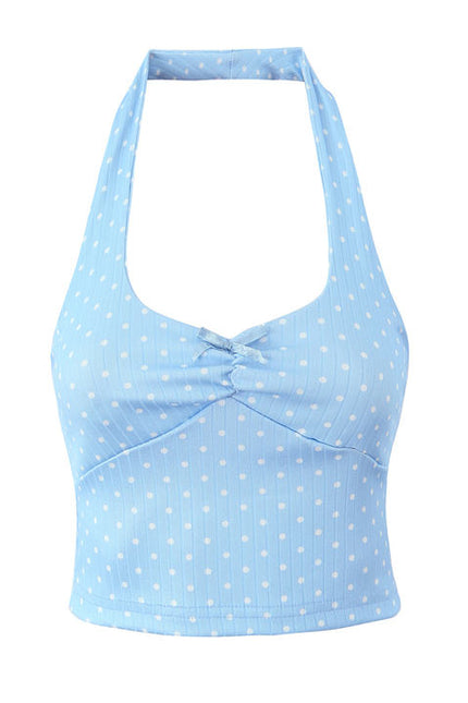 Light Blue Color Polka Dot Print Back Hollow Out Casual Fashion Women's Halter Crop tank Top