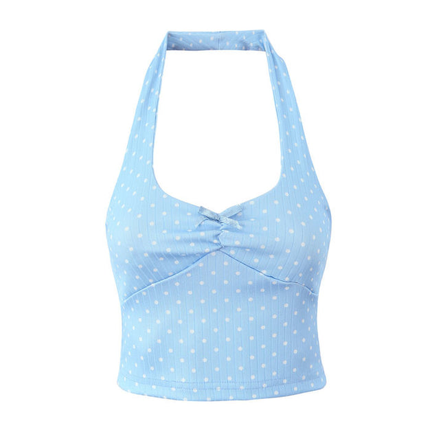 Light Blue Color Polka Dot Print Back Hollow Out Casual Fashion Women's Halter Crop tank Top