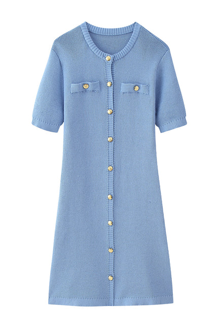 4 Colorway Crew Neck Buttons up Short Sleeve Solid Color Casual Fashion Summer Long Knit Dress for Women