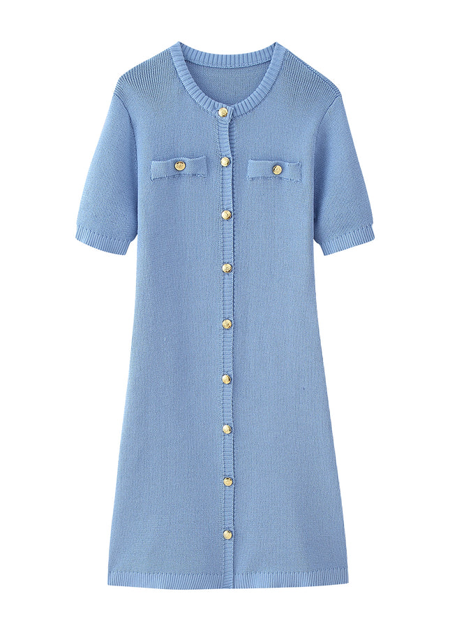 4 Colorway Crew Neck Buttons up Short Sleeve Solid Color Casual Fashion Summer Long Knit Dress for Women