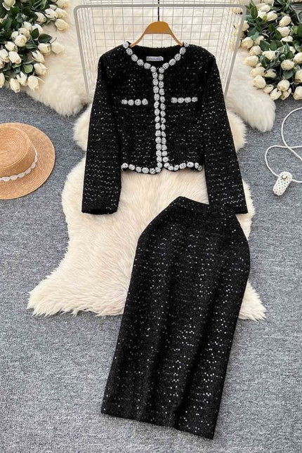 Fashion 2025 Beading Round Neck Sequins Long Sleeve Jacket Slim Skirt Women Two Piece Set