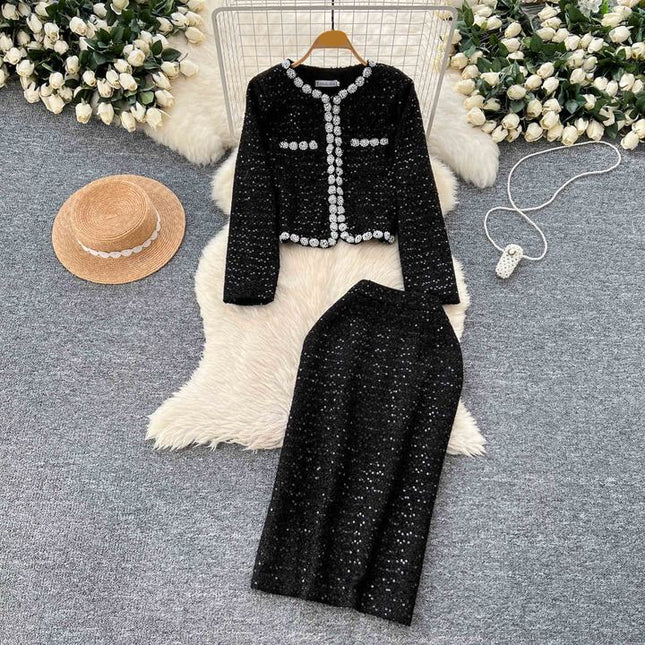 Fashion 2025 Beading Round Neck Sequins Long Sleeve Jacket Slim Skirt Women Two Piece Set