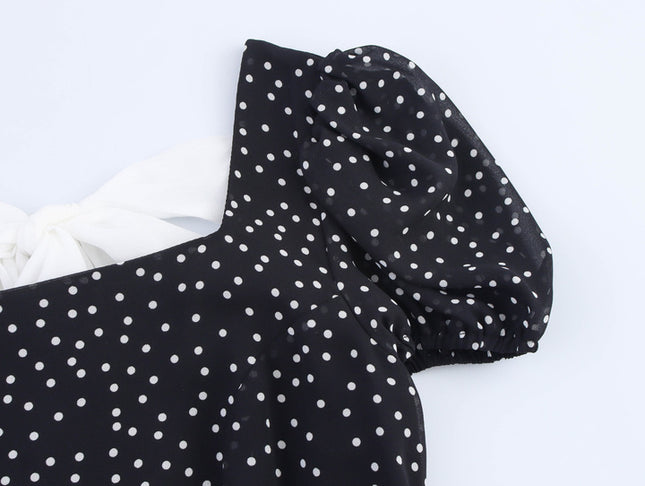 Square Collar Back Bow Tie Black Color Polka Dot Print Casual Fashion Summer Long Dress for Women