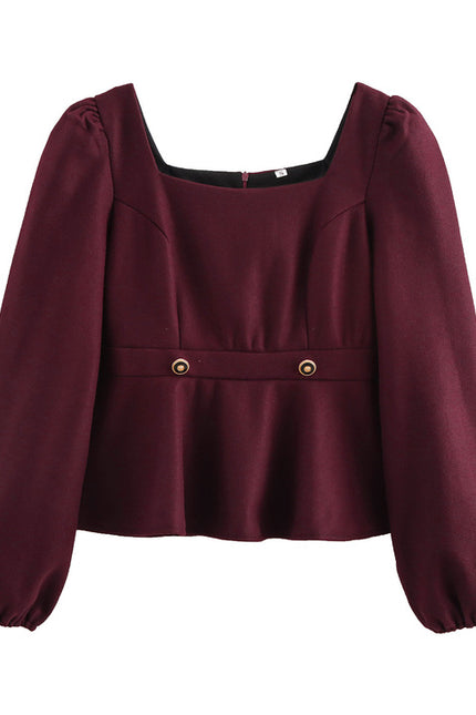 2 Colorway Solid Color square Collar Long Sleeve Blouse Zipper Fly Long Pants Casual Fashion Women 2 Piece Set