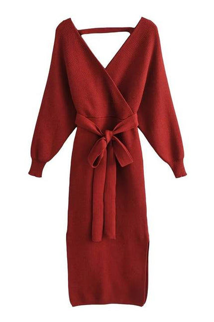 6 Colorway v Neck Long Sleeve Solid Color Sashes Casual Fashion Knit Long Dress for Women