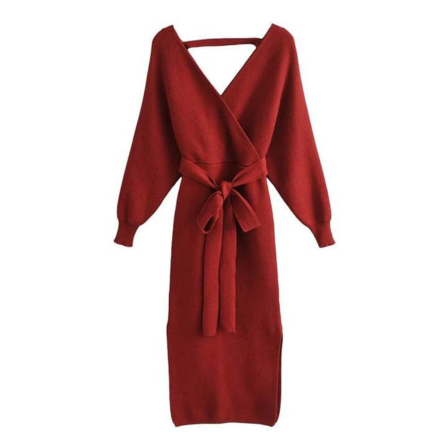 6 Colorway v Neck Long Sleeve Solid Color Sashes Casual Fashion Knit Long Dress for Women