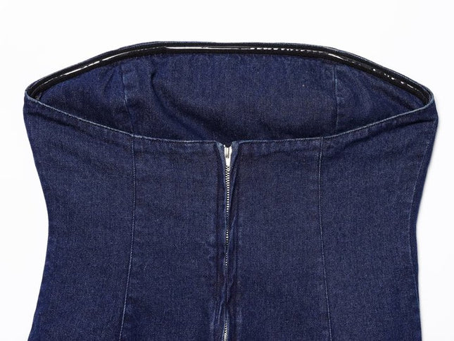 Denim Blue Color Strapless Back Zipper Fly Hot Sale Casual Fashion Jeans Crop tank Top for Women