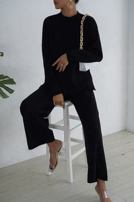 Lazy Style Pullover With Split Long Sleeves Knitted Autumn and Winter Sweater Two-piece Set High Waisted Casual Wide Leg Pants