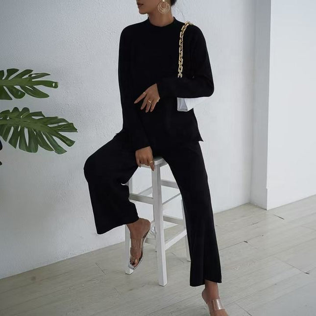 Lazy Style Pullover With Split Long Sleeves Knitted Autumn and Winter Sweater Two-piece Set High Waisted Casual Wide Leg Pants