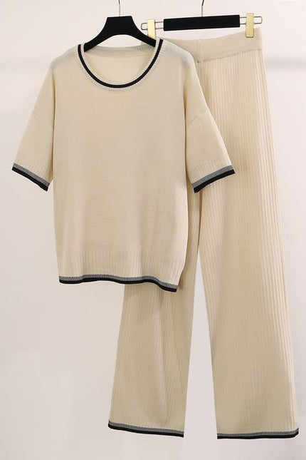 Fashionable Round Neck Short Sleeved Knitted Sweater High Waist Drooping Feeling Long Pants Pit Stripe Knit Two-Piece Set
