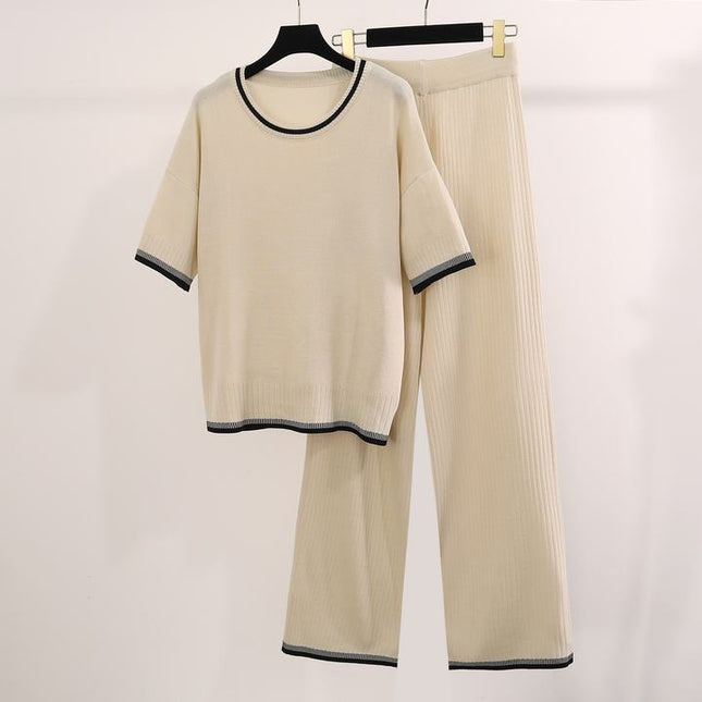 Fashionable Round Neck Short Sleeved Knitted Sweater High Waist Drooping Feeling Long Pants Pit Stripe Knit Two-Piece Set