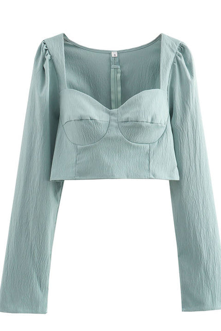 Square Collar Long Sleeve Back Zipper Fly Blouse Green Color Pants Casual Women's 2 Piece Set