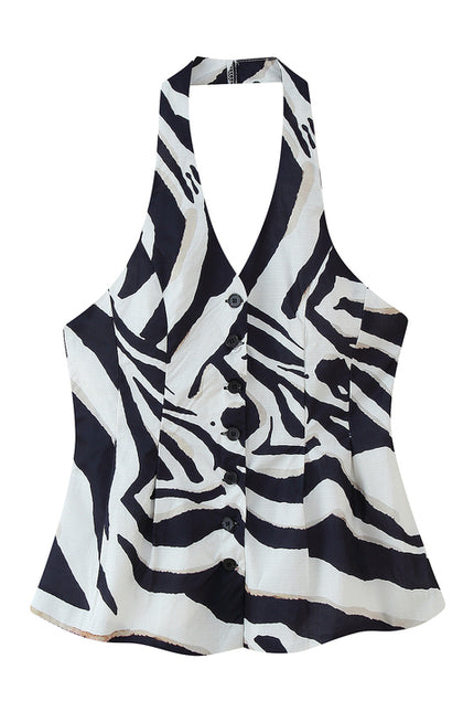 Buttons up Animal Print Black White Color Back Hollow Out Casual Fashion Halter Vest Waistcoat for Women