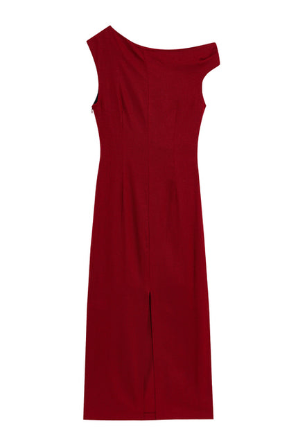 Crew Neck Sleeveless Red Color Front Pleated Beading Casual Fashion Long Dress for Women