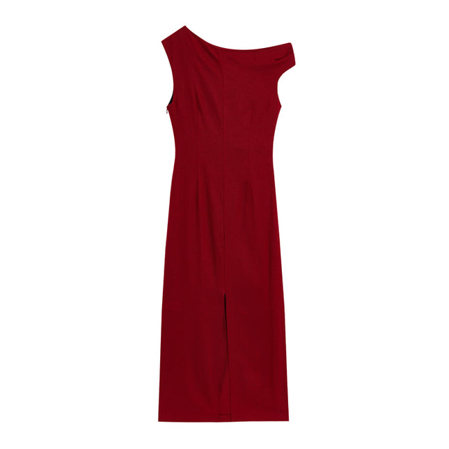 Crew Neck Sleeveless Red Color Front Pleated Beading Casual Fashion Long Dress for Women