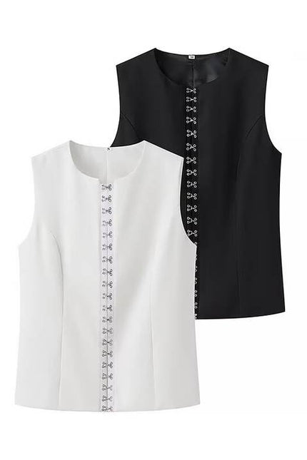 2 Colorway Crew Neck Solid Color Buttons up Casual Fashion Vest Waistcoat for Women