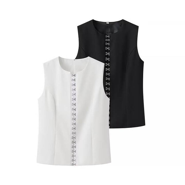 2 Colorway Crew Neck Solid Color Buttons up Casual Fashion Vest Waistcoat for Women