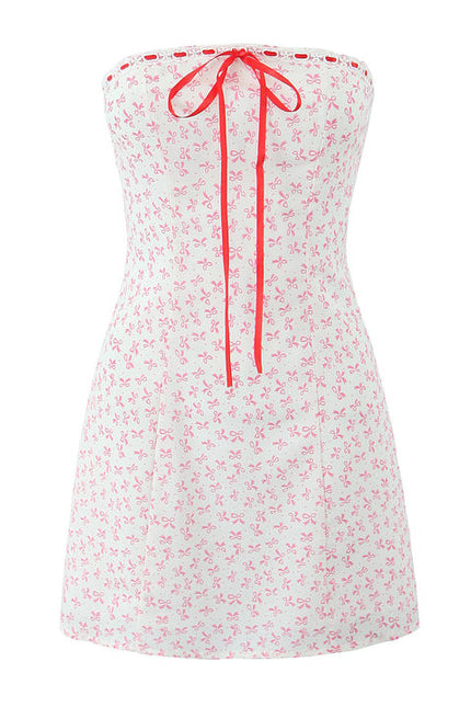 Floral Print pink Color Front Lace up Strapless Casual Fashion Summer Mini Dress for Women