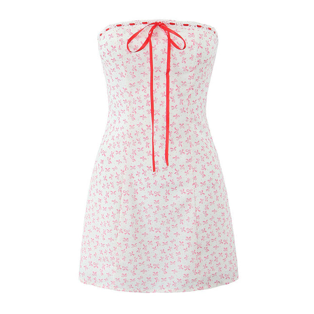 Floral Print pink Color Front Lace up Strapless Casual Fashion Summer Mini Dress for Women