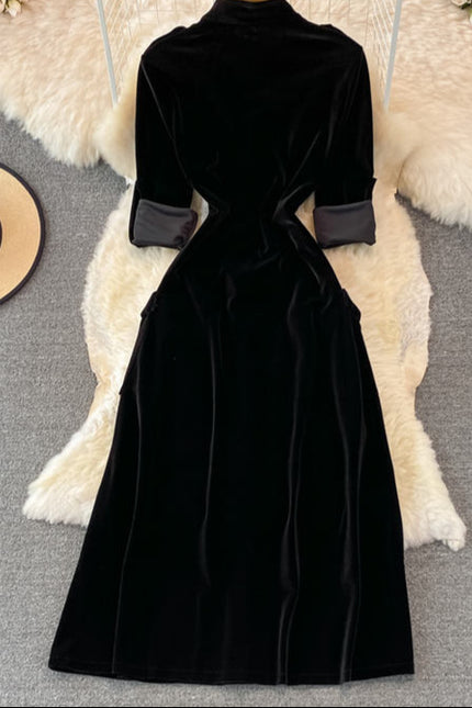 French Vintage Single-Breasted Velvet Cardigan Dress Fall and Winter Fashion Long Dresses