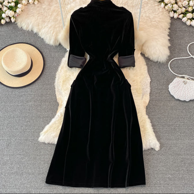 French Vintage Single-Breasted Velvet Cardigan Dress Fall and Winter Fashion Long Dresses