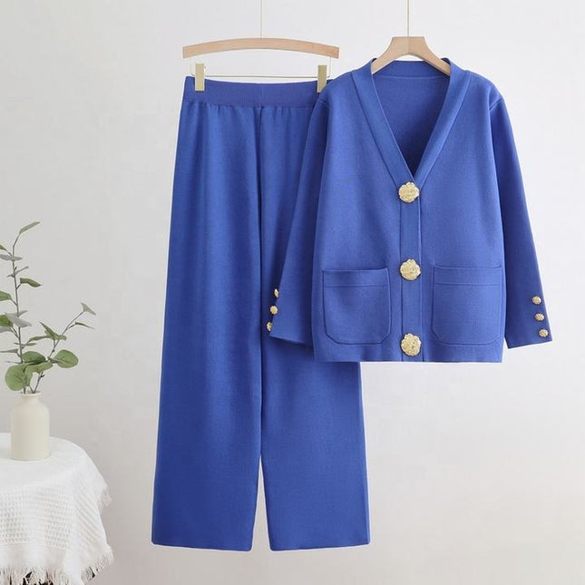 Wholesale Fall and Winter New V-Neck Single Row Button Cardigan Top Wide Leg Pants Knitted Two-Piece Set