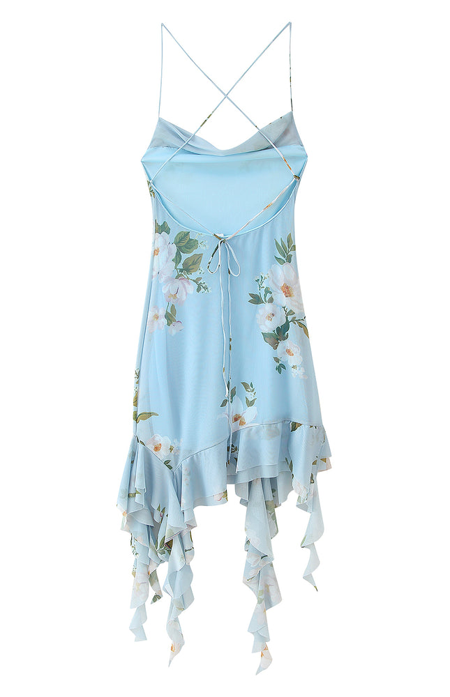 Blue Color Back Hollow Out Floral Print Spaghetti Strap Casual Fashion Mini slip Dress for Women