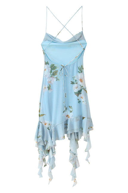 Blue Color Back Hollow Out Floral Print Spaghetti Strap Casual Fashion Mini slip Dress for Women